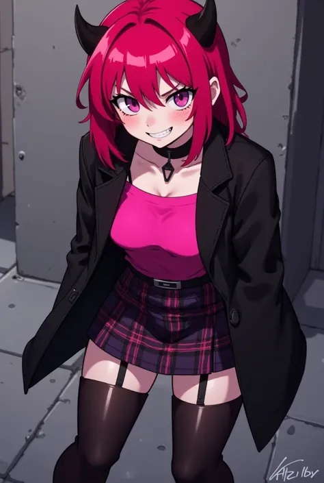 girl with shoulder-length cherry red hair and pink eyes. Two small black horns accessories.Stylish black clothing. Dynamic pose.Cool blach boots on high sole. translucent dark plaid stockings. Hot-pink top, skirt and jacket. stands half-turned. A sly grin ...