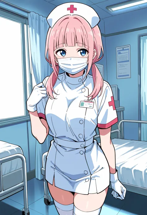 Score_9, score_8_up, score_7_up, source_anime, makeru yadano, solo, bangs, pink hair, low twintails, blunt bangs, blue eyes, (best quality), (high quality), {masterpiece}, extremely delicate and beautiful, ultra-detailed, beautiful detailed eyes, nurse, nu...