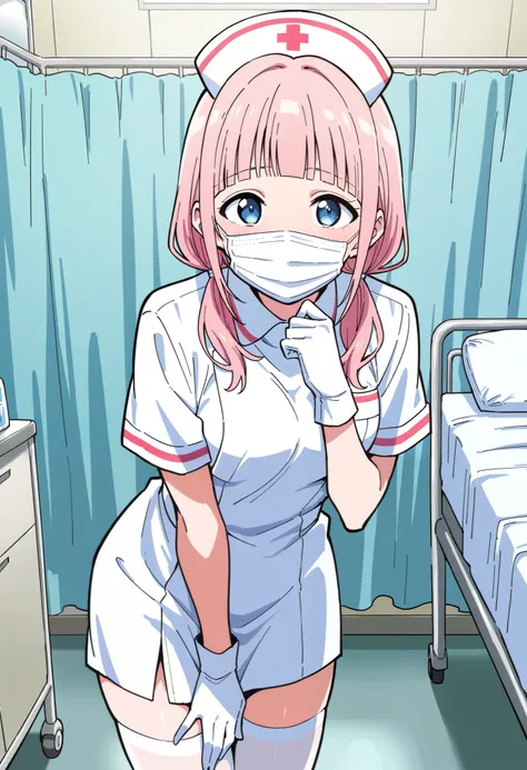 Score_9, score_8_up, score_7_up, source_anime, makeru yadano, solo, bangs, pink hair, low twintails, blunt bangs, blue eyes, (best quality), (high quality), {masterpiece}, extremely delicate and beautiful, ultra-detailed, beautiful detailed eyes, nurse, nu...
