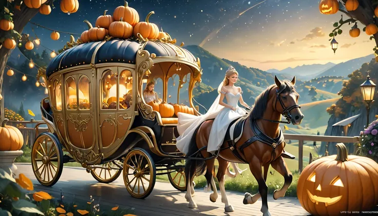 a beautiful carriage made of pumpkin, a fantasy scene, (best quality,4k,8k,highres,masterpiece:1.2),ultra-detailed,(realistic,photorealistic,photo-realistic:1.37),fairy tale, cinderella, ornate carriage, glowing lights, intricate details, golden accents, s...