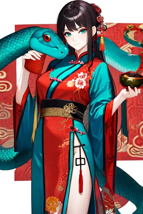 Snake cloth, snake, beautiful Chinese girl, in the new Chinese year (masterpiece, best quality:1.3), (teal) , red, white