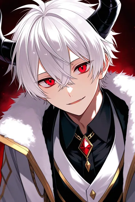 White hair mid aged male red eyes black horns a demon prince 