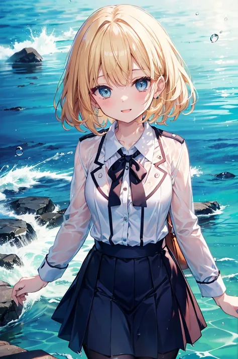 (8k,  top quality,  Masterpiece: 1.2), ultra high resolution, 1 person,  cute,  alone, very detailed face,  standing,  blond,  blazer,  shirt,  blouse, ribbon,  NAVY BLUE のシワ付スカート,  NAVY BLUE , Gothic Long Skirt, sea, sea水浴,  soaked,  water play , 頭から足まで s...