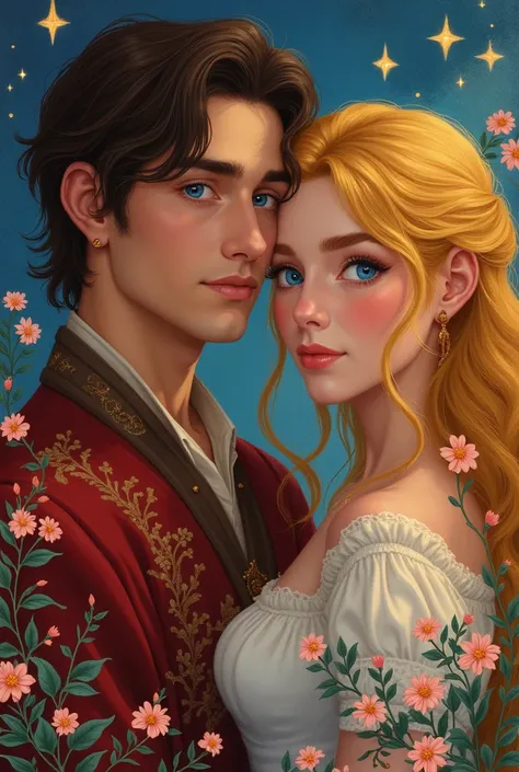 Make me a cover of a handsome 26-year-old king with blue eyes and brown hair and a beautiful 21-year-old commoner with yellow hair, for a book and that has a reference to the title which is “under bright stars” On the side of the girl with flowers and on t...