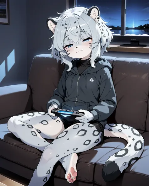 (Masterpiece, best quality:1.2), 1girl, console, tv, playing games, living room scenery, night, couch, sitting cross-legged, dark lighting, detailed shadows, BREAK, 1girl, furry girl, snow leopar ears, snow leopard tail, small, short, young, female is smal...