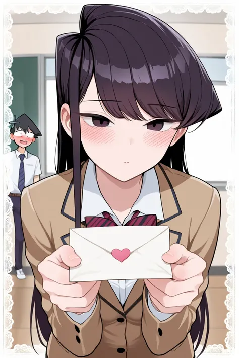 (masterpiece), best quality, Komi Shouko, 1girl, timid, emotionless, handing over a love letter with a big heart symbol on it for a boy cute lace borders, school, blushing, funny, cute, 1boy, Tadano HitoHito, shy, embarassed, nervous smile