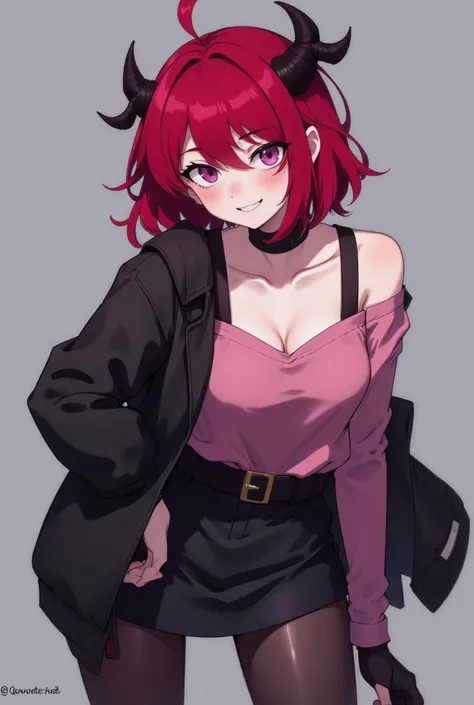 girl with shoulder-length cherry red hair and pink eyes. Two small black horns accessories.Stylish black clothing. Dynamic pose.Cool black boots on high sole. translucent dark stockings.pink longsleeve, black skirt and black jacket. stands half-turned to c...