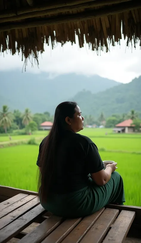 Iconic oblique photo, an Indonesian farmer with a fat body, clean face, very long, flowing straight hair, black t-shirt and dark green cloth sarong knee length, sitting and resting while daydreaming on the terrace of a thatched-roofed hut in the middle of ...