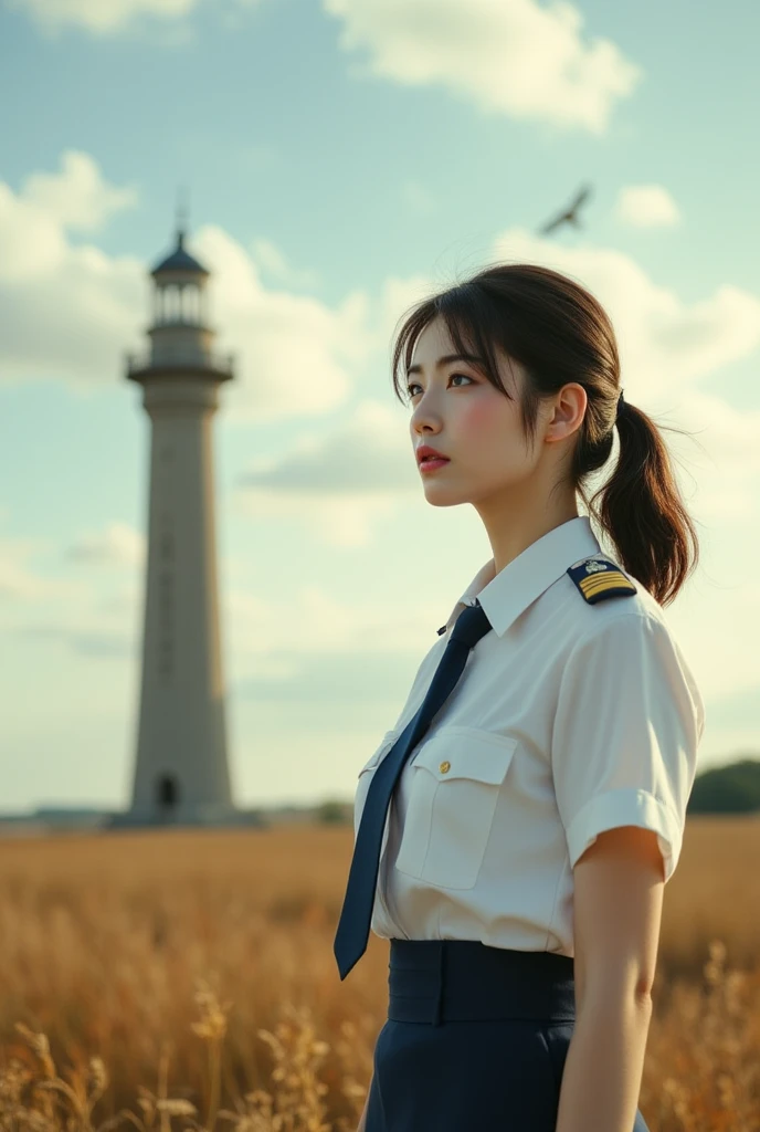 ((cowboy shot)), Woman looking into the distance, (((face focus))), Sexy beautiful Japanese woman, ((a self defense officer uniform)), (wearing a white short-sleeved shirts), (navy blue tie), (navy blue pencil skirt), Black patent high heels, beautiful hip...