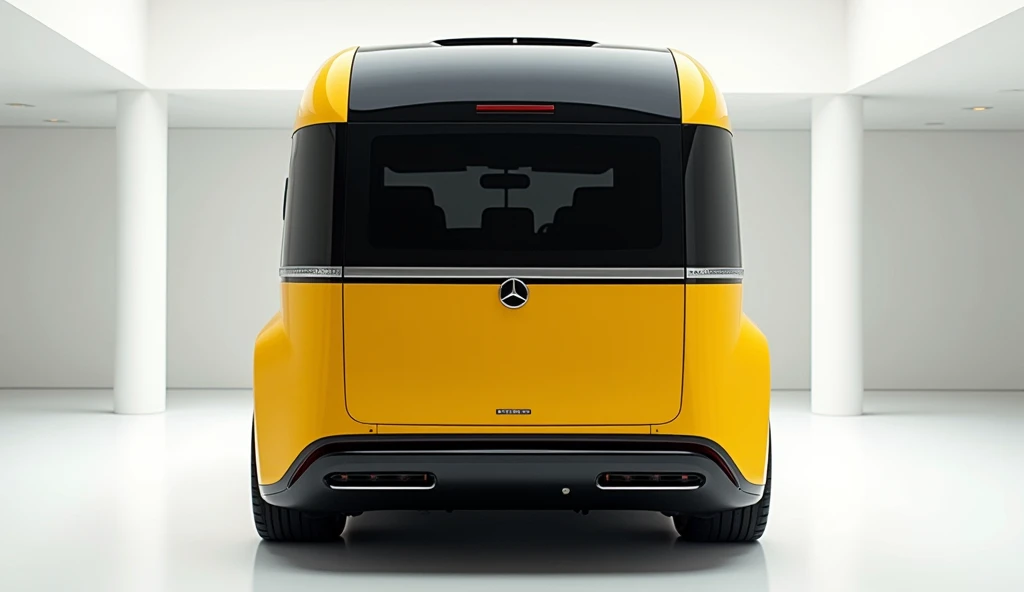 Mercedes Moterhome 2025 yellow colour luxury showroom white background. Back bumper 