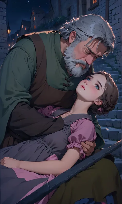  masterpiece,  beautiful illustration, Night,  the Middle Ages,  Middle Ages, night street, stones,  stone steps ,  fat gray-haired man ,  with a gray beard ,  in a green shirt ,  brown apron , sad,  holding a girl ,, the girl is lying in his arms,  girl d...