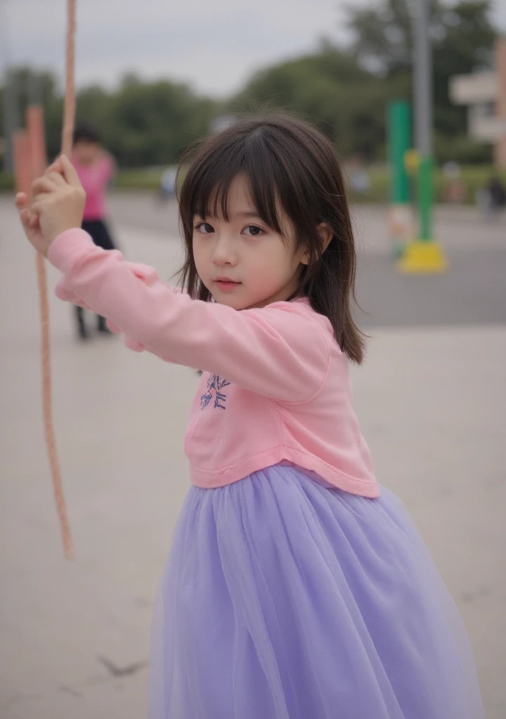 elementary schooler, pretty, cute, charming, naughty girl, age 7, adorable, juvenile physique, (baby face), Masterpiece, 8K, UHD, sheer fabric,  looking at viewer, (from side), in the schoolyard