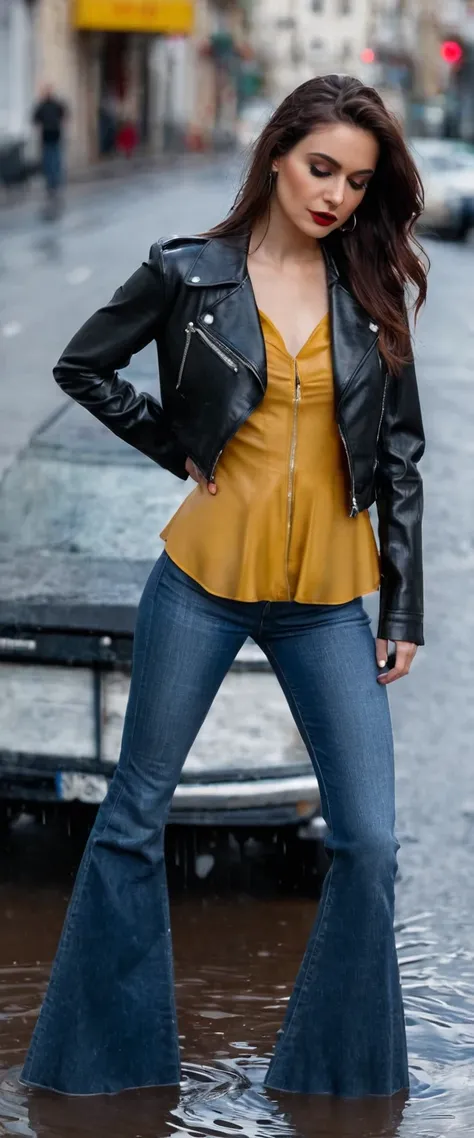 vulnerable shy ordinary woman, high waist flared bellbottom jeans, leather jacket, blouse, caught in her sexual fetish session, wet  clothes, realistic photo, deep focus, 16k, ultra high resolution, soft lighting, standing in puddle on the street, jeans ar...