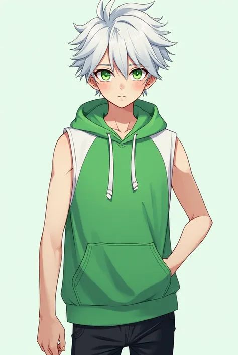 Colt has jade green eyes, white hair, green and white sleeveless hoodie, black pants, and white shoes. 