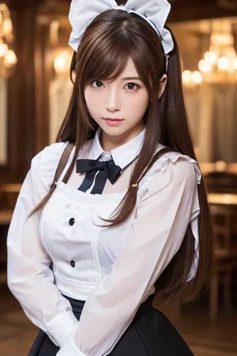 highest quality, masterpiece, 8k, Ultra-high resolution, (Realistic: 1.4), 1 girl, Beautiful Face, Symmetrical eyes, big, Perfect Body Proportions, ((Long Hair))、((Brown Hair:1.5)), Maid、((ゴスロリ風Maid服:1.4)), Viewer&#39;sight, ((Coffee shop、Blurred Backgroun...