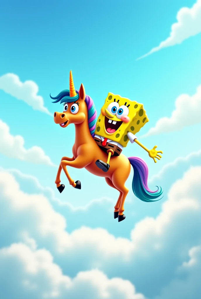 Draw me a spongebob riding a pony walking above the clouds and using multicolored horns 