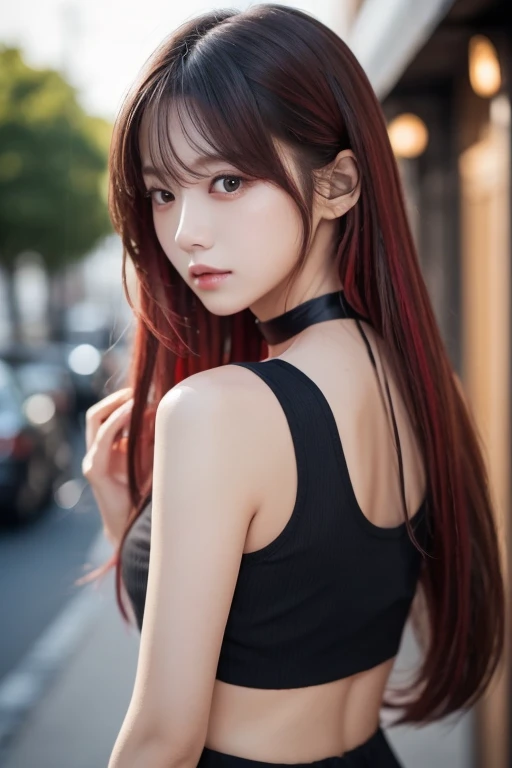  top quality ,  detailed information,  Color Difference,  1 girl,  long hair,  black hair,  messy hair, red highlights,  Hair,  red eyes, Sharp Eye,  choker ,, ,  their four ,  turn my arms around my back , Tie your arms,  