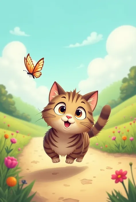 A cartoon kitty trying to catch a butterfly, back view