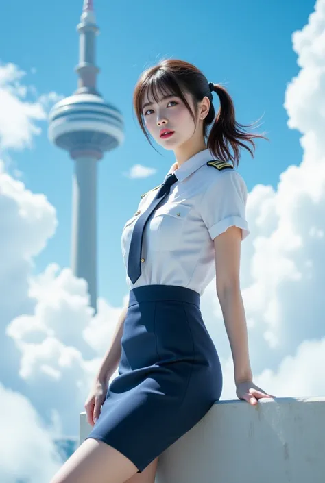 Woman looking into the distance, (((face focus))), Sexy beautiful Japanese woman, ((a self defense officer uniform)), (wearing a white short-sleeved shirts), (navy blue tie), (navy blue pencil skirt), Black patent high heels, beautiful hip-line, Beautiful ...