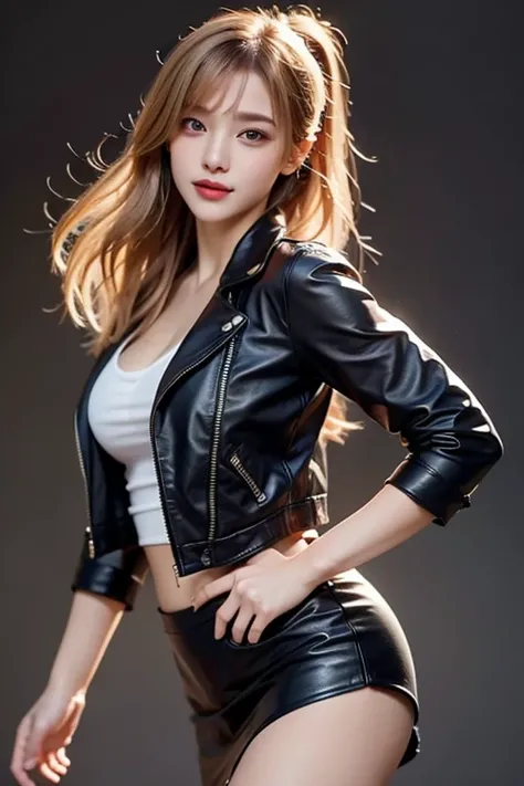 black leather jacket、 blonde beauty、( blonde hair)、 Golden Hair 、 long hair and very beautiful girl  , curl, bangs,  wearing cute casual clothes ,   dynamic poses and graceful walking smiles  ,    featuring colorful ink brush strokes on a simple background...