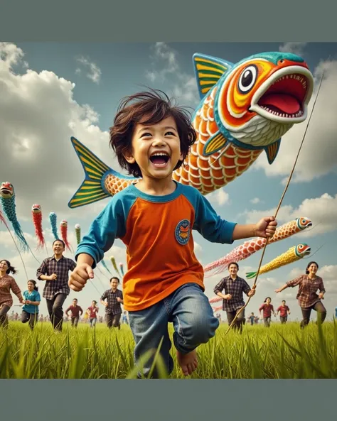 hight angle super realistic photo of a small  with an Indonesian face, a  man laughing happily in a dynamic style, wearing a long-sleeved orange and blue t-shirt, he is holding a very large Coinobori flag while running on a green grass field, as if at the ...