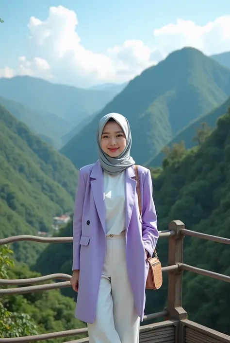 A beautiful young Korean woman standing on an iron platform with a beautiful view of nature. Behind the very famous Sianok gorge in Bukittinggi with a beautiful green slope with dense trees small winding paths and clear blue sky,diffuse white clouds. The w...