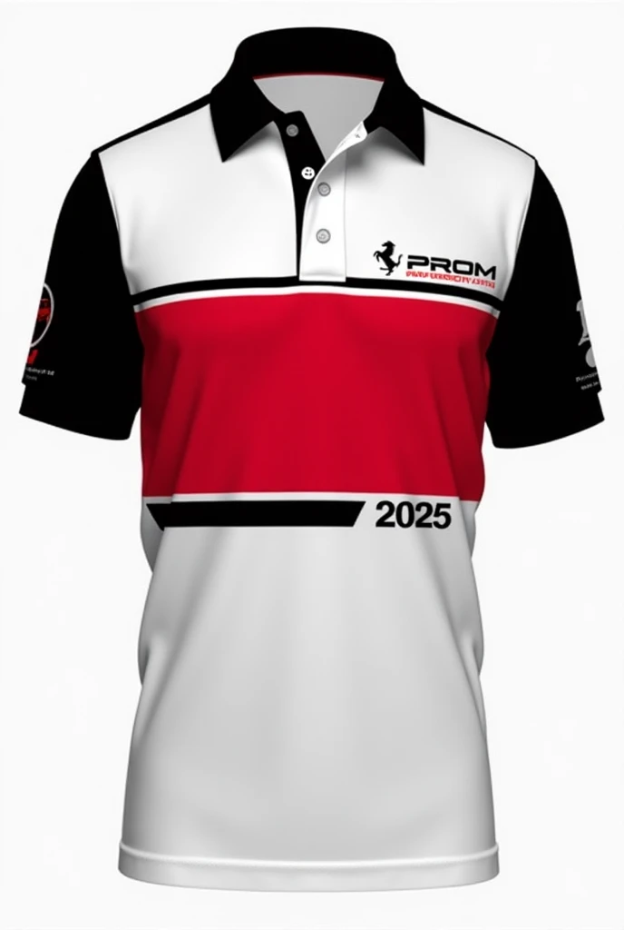 Short Sleeve Polo Sweater Promo Design 2025 Variant 1 Formula 1 Style Base Color White Horizontal Red Panels on the chest and black panels on the shoulders and sleeves with white trim PROM logos in black medium size on the red 2025 panel in white smaller s...