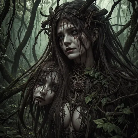 A monstrous female spirit of the forest, her body composed of decayed vines and rotting petals, fused with the bones of those who dared to defile nature. Her once-beautiful face is twisted with agony, her lips cracked and oozing dark sap. Her long, withere...