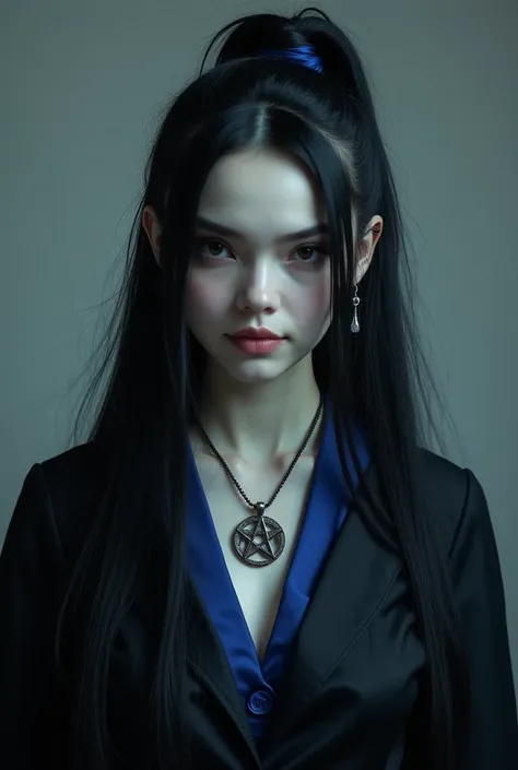 White-skinned vampire woman with long black hair tied in a tail , She is dressed as a blue and black university student she wears a pentagram necklace over her neck she is very happy because she gets 100$ unexpected things in your bank account