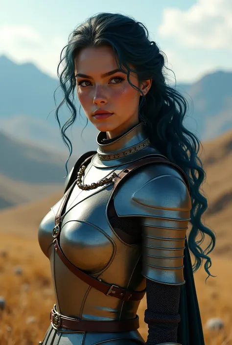 Women,  thin,  Medium brown skin ,  Blue Hair, wavy, dark brown eyes, freckles on the face and a mole on the right side of the face wearing medieval armor