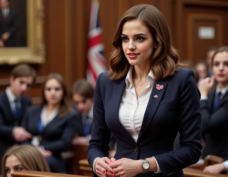 realistic face two headed emma Watson with brown hair and brown eyes a in business suit, British Prime minister, very fit, two heads, conjoined twins, white polo shirt, big boobs, speaking at podium, United Kingdom, uk flag pin on blazer, red fingernails, ...