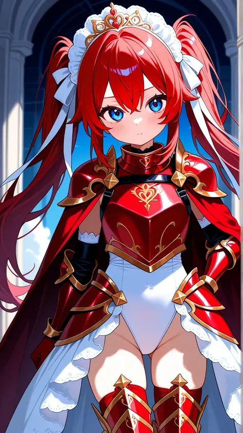  、Young girl、 blue eyes、Red Hair、Twin Tails 、 white ribbon、 cool、White high leg swimsuit、red stockings 、 red wedding gloves、 red body armor 、 leg armor、 Princess Dress、 Headdress 、 arm armor gauntlet、 red full harness 、Dress Cloak 、 facing the front、