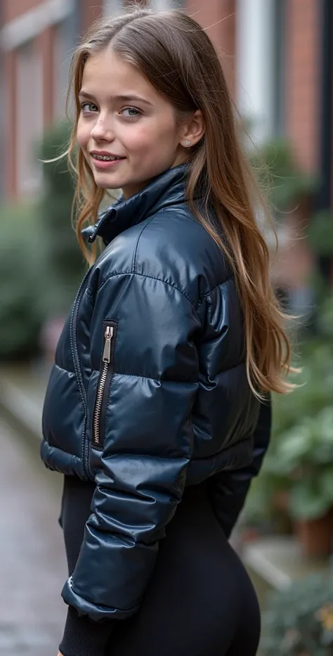 Backside diagonally photo from side of a sweaty hot wet cute beautiful darkblonde dutch spanish italia young posing age femboy wearing greyblue shiny puffy cropped short bomber jacket, very short shiny greyblack blue Big luxurious alpha-industries-ma-1 bra...