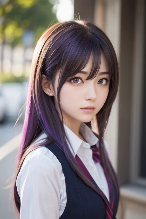 2D, masterpiece,  top quality, Anime,  very detailed,  One Girl , Alone, Yuri,  purple eyes,  purple hair,   hair between eyes ,  hair clip,  school uniform, Yandere face