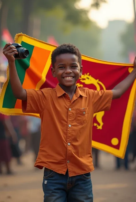 one young boy taking national srilankan flag in one hand and other hand with camera