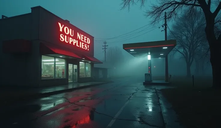 A foggy, abandoned city street with two visible buildings: a supermarket with broken windows and a dark gas station with flickering neon lights. The text ‘YOU NEED SUPPLIES!’ is written in bold, urgent letters. Below, two choices appear:
✅ Enter the superm...