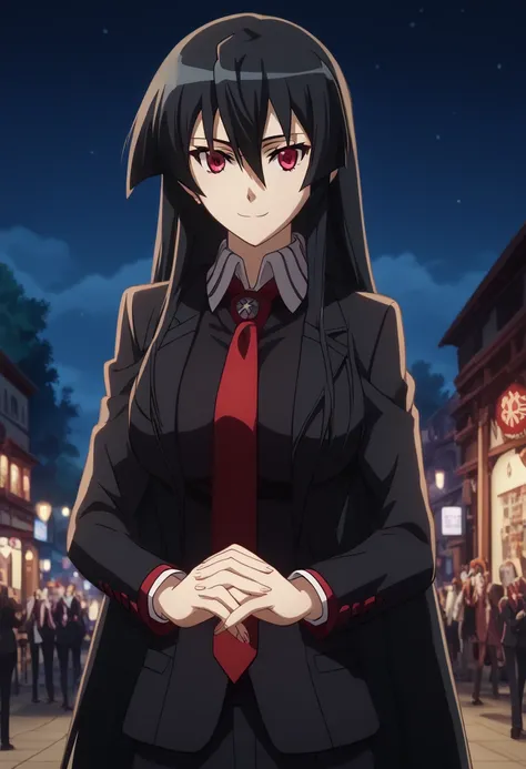 (masterpiece:1.2), (best quality:1.2), newest, intricate details, perfect anatomy, anime screencap, 1girl solo, large breasts,akame, long hair, black hair, red eyes, hair between eyes,suit,pants,necktie,(looking at viewer), hands together, praying pose, pe...