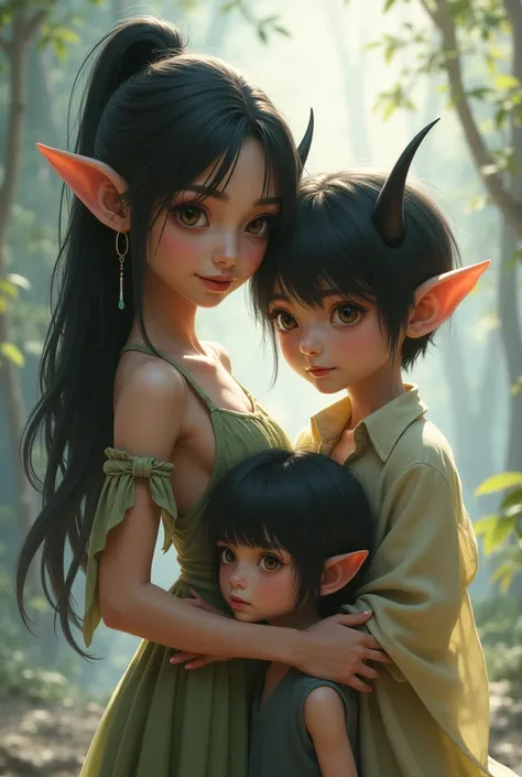 3 ren.
A  with an elf's ear and black hair , a small boy with elf ears and demon horns, a little one with an elf's ear with black hair