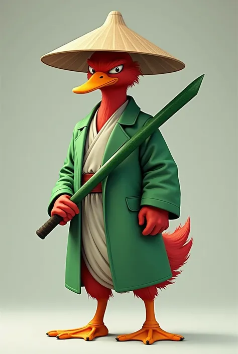 Accurate 、 Full Body Photo 、 Standing in his full height 、 8K HD Image 、 High Quality Image 、Make a Dragon Ball character art style、A Red Duck、Wearing an Asian conical hat、Green lab coat、Orange Feet、Holding an Emerald long sword