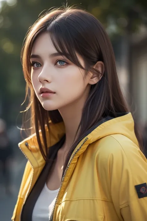  girl ,  YELLOW JACKET,  pocket , Gazing at Other People,  long dark hair,  heterochromic eye ,  heterochromic eye , Different Colored Eyes,  8k resolution,  very detailed,   anatomically correct,  digital paint,  concept art,  ,  Clear Images ,  