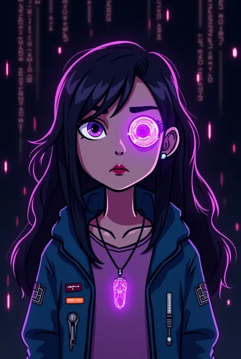 "A mysterious hacker with a brilliant cybernetic eye that projects holograms of codes and symbols .  wears a futuristic jacket with circuit details and wears a necklace with a crystal that shines in purple tones.  Her expression is serious but intriguing ,...