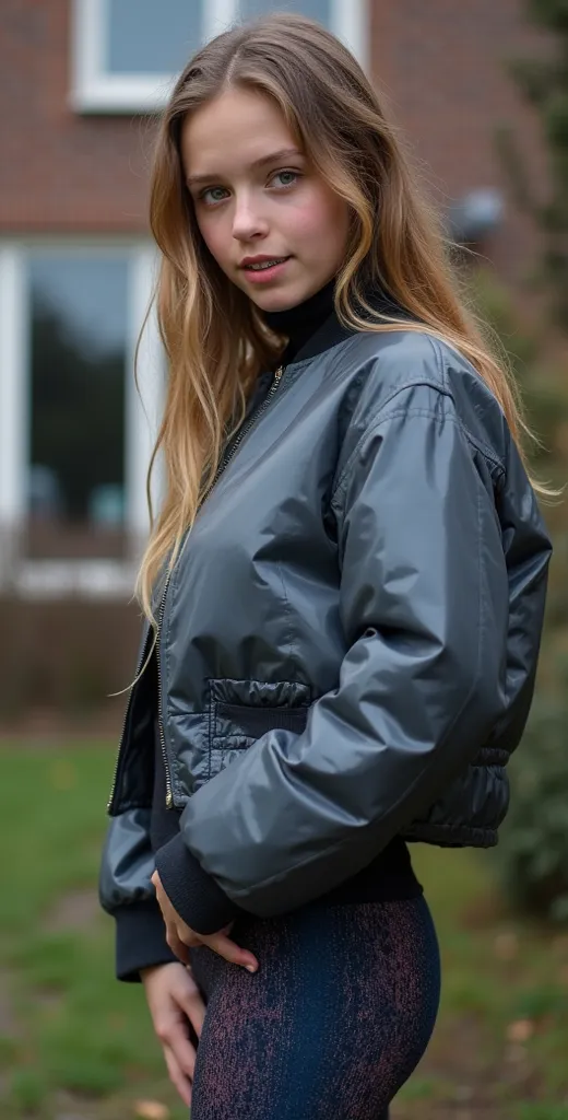 Backside diagonally photo from side of a sweaty hot wet cute beautiful darkblonde dutch spanish italia young posing age femboy wearing silver gunmetal-greyblue shiny puffy cropped short bomber jacket, very short shiny greyblack blue Big luxurious alpha-ind...