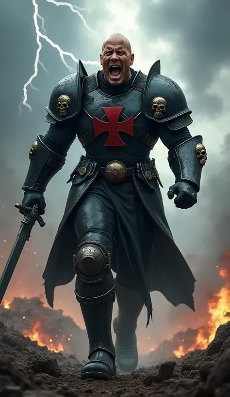 "Dwayne 'The Rock' Johnson in jet-black Templar armor with red Maltese crosses, roaring as he charges into battle with a relic power fist and massive chainsword. Skull motifs on pauldrons, battlefield littered with wreckage, lightning arcing across stormy ...