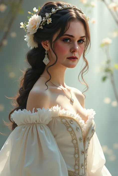 Create an image with this girl's face and hair, She wears a white medieval style dress with jewels and a half-tail hairdo with a braid around her hair