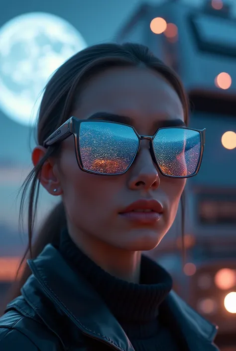 The model is wearing glass sunglasses with starsHeavy transport company with a large truck and the moon on the glass