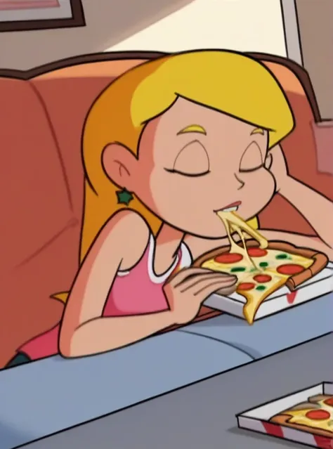 Sabrina Spellman, 1girl, solo, long blonde hair,, eating a dozen of pizza with , pizza box sockets around her, lying on the couch lazily, score_9, score_8, score_7, score_6, score_5, score_4