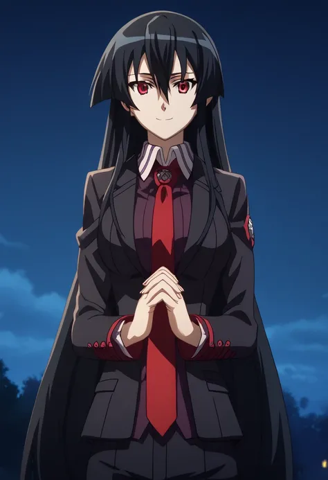 (masterpiece:1.2), (best quality:1.2), newest, intricate details, perfect anatomy, anime screencap, 1girl solo, large breasts,akame, long hair, black hair, red eyes, hair between eyes,suit,pants,necktie,(looking at viewer), hands together, praying pose, pe...