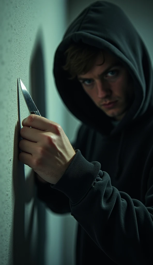 A focused shot on Ethan’s hand wearing hoodie, partially hidden behind his back. The shadow of the hidden object (the knife) is faintly visible against the wall, adding an ominous detail. Alex’s suspicious gaze can be seen slightly blurred in the backgroun...