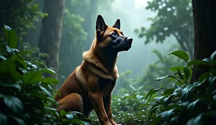 Create a hyper realistic image a dog sitting in the jungle and heavy rain