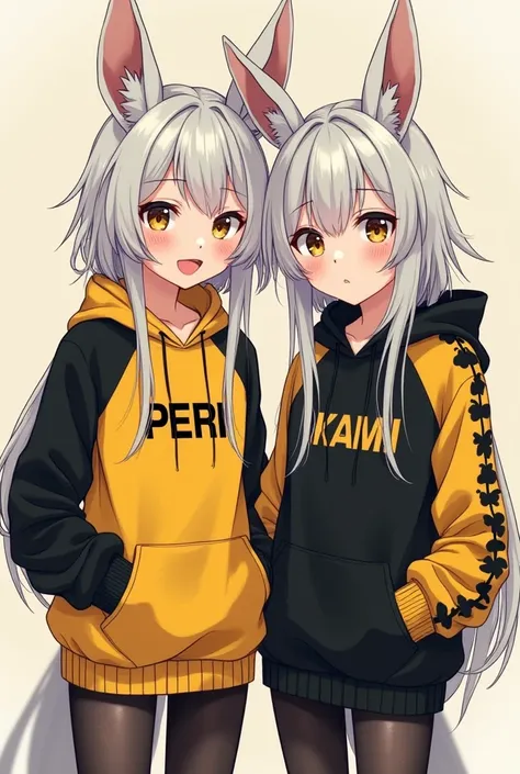 I want avu for two friends I want them to look like each other clothes just like twins I want them to wear a black and yellow sweatshirt and the sweatshirt has their names PERI and KAMI written on the sweatshirt I want them to be on their ears with their w...